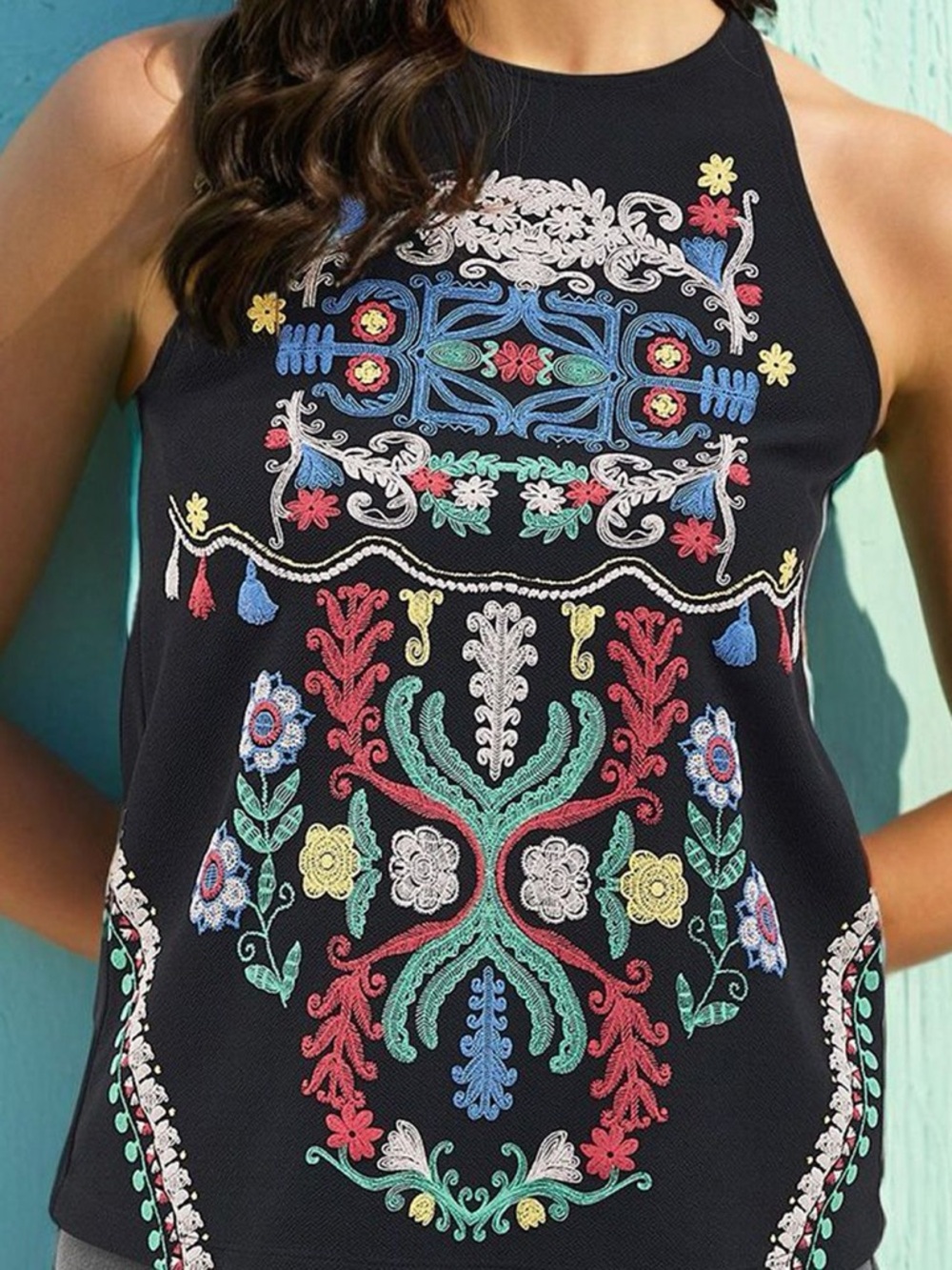 Black Halter Top with Floral Pattern